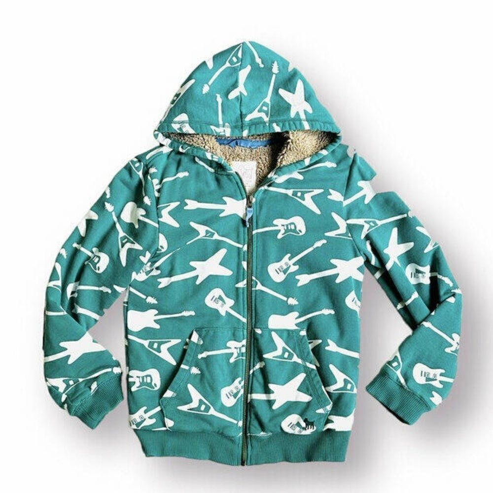 Mini Boden | Green Guitar Zip Up Sherpa Lined Sweatshirt Jacket Hoodie | 7-8